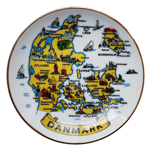 Platte Danmarkskort Guldkant 11 cm.